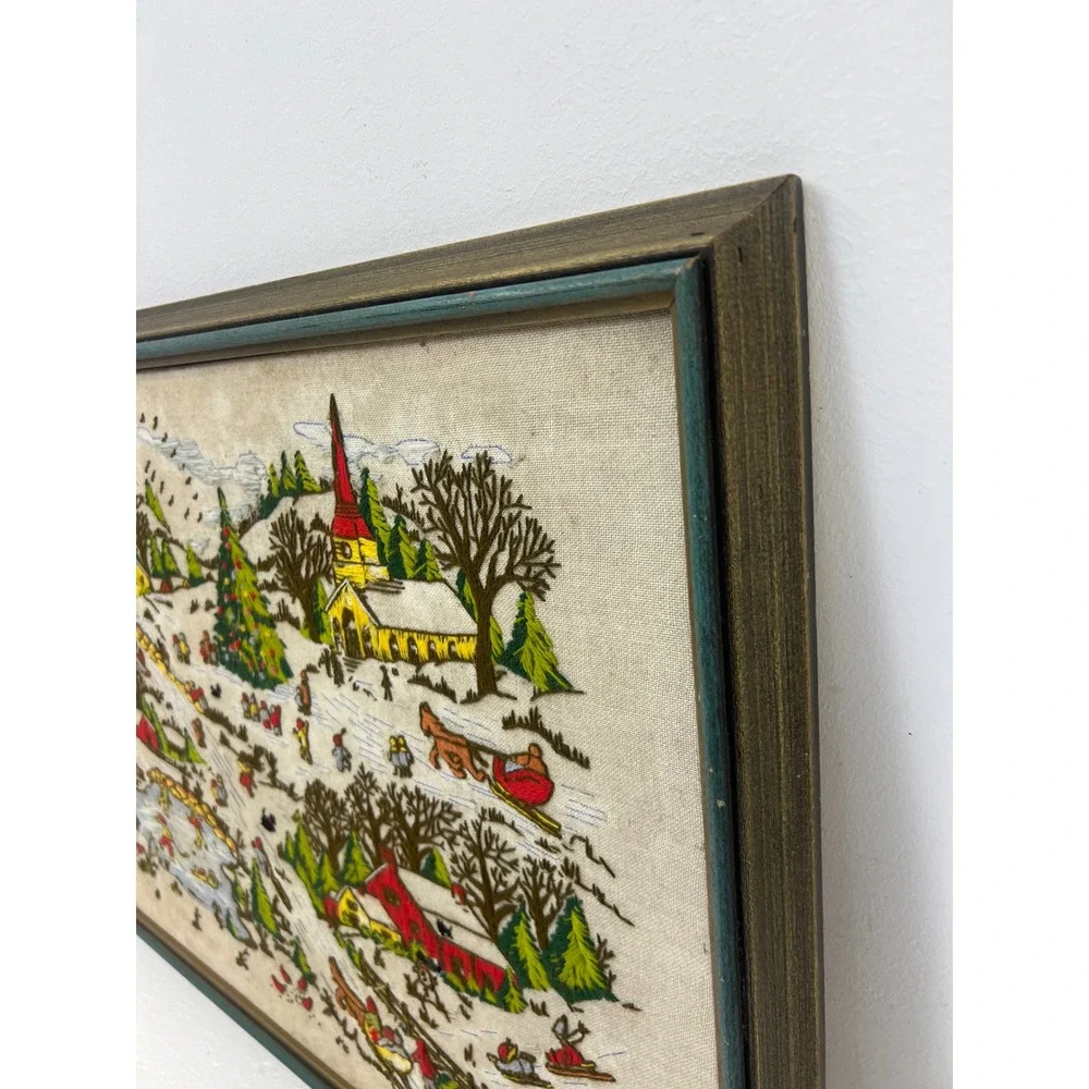 Vintage Framed Crewel Embroidery Winter Village Landscape Wood Frame Grannycore